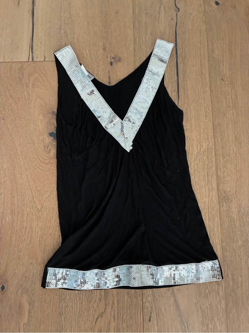 Body Central Black Tank Top with Silver Sequin V-Neck & Hem